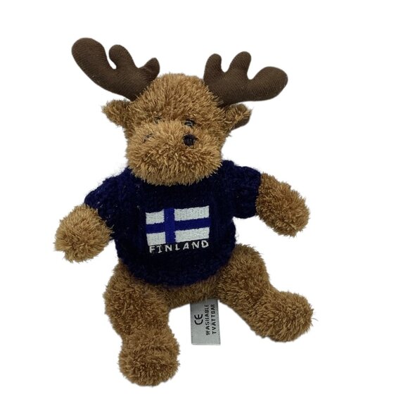 Allan Flink Souvenir Moose Plush Stuffed Animal Toy Finland Sweater 6.5" Brown - Picture 1 of 5